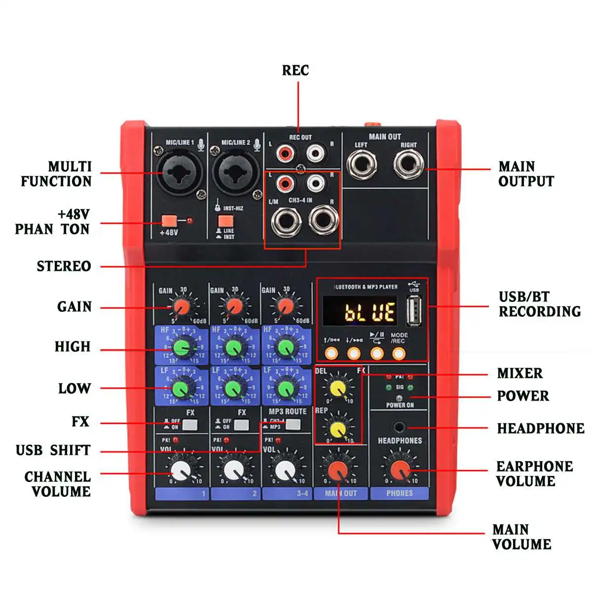 

CLAITE 4 Channel Portable Audio Mixer Karaoke Players Bluetooth USB DJ Sound Mixing Console MP3 Jack 48V Amplifier For KTV Party