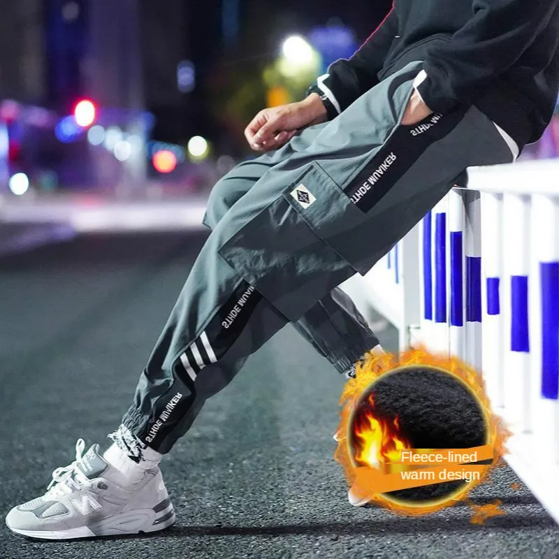 

Fleece Thick Cargo Pants Men Winter Ankle-Tied Pants Loose Oversized Casual Pants Baggy Pants Joggers Mens Hip Hop Clothing Male