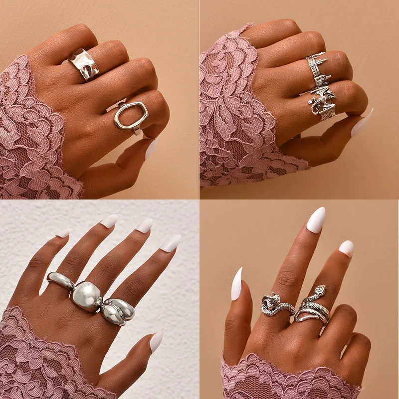 

Vintage Carving Charm Dragon Snake Castle Oval Ring Sets For Women Male Geometric Smooth Fold Wide Rings Statement Party Jewelry