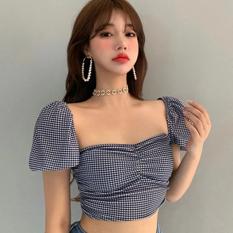 

Женская футболка с квадратным вырезом, летняя уличная одежда, женские футболки, клетчатая футболка с пышными рукавами