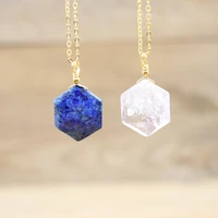 natural lapis lazuli faceted hexagon slab pendants necklacehealing crystal reiki amethysts charms fashion women jewelryqc3228