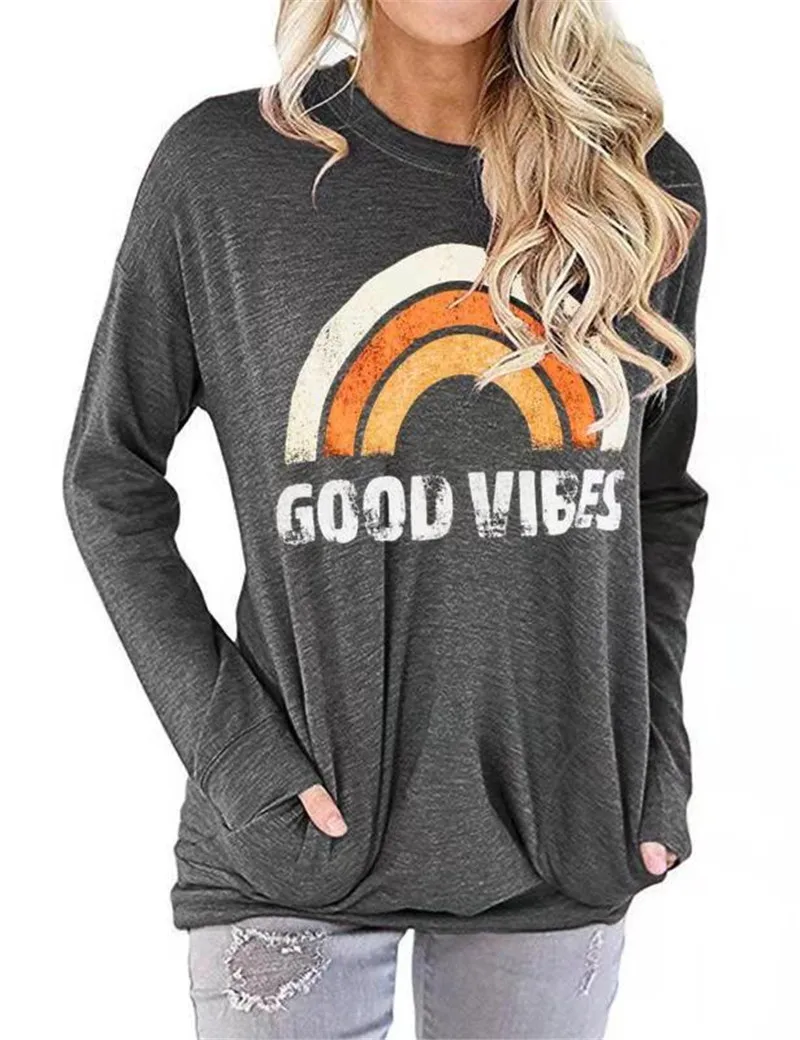 YELITE бренд Для женщин толстовки Радуга хорошая атмосфера с принтом букв свободное