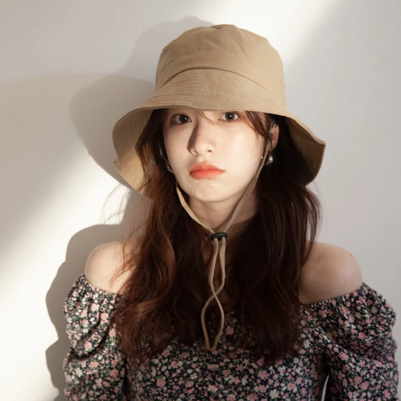 

2021 New Lady Simple Joker Show Face Small Fisherman Hat Female Spring and Summer Draw Rope Basin Cap Sun Block Cap