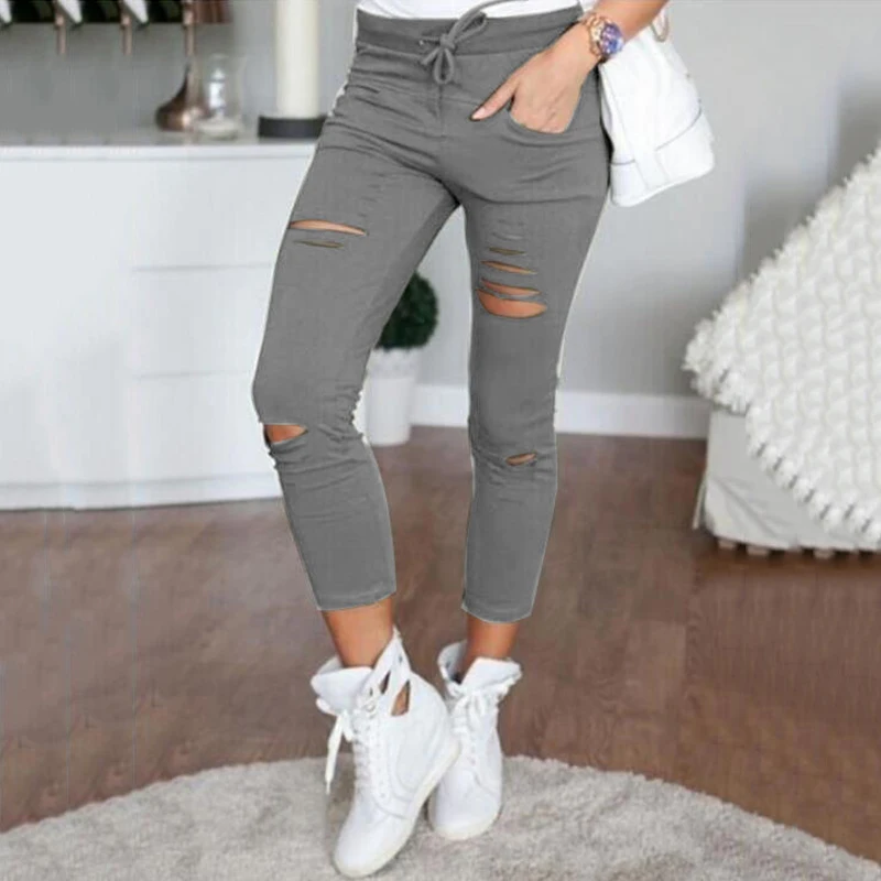 Брюки женские рваные тонкие эластичные штаны-карандаш с дырками вареная одежда