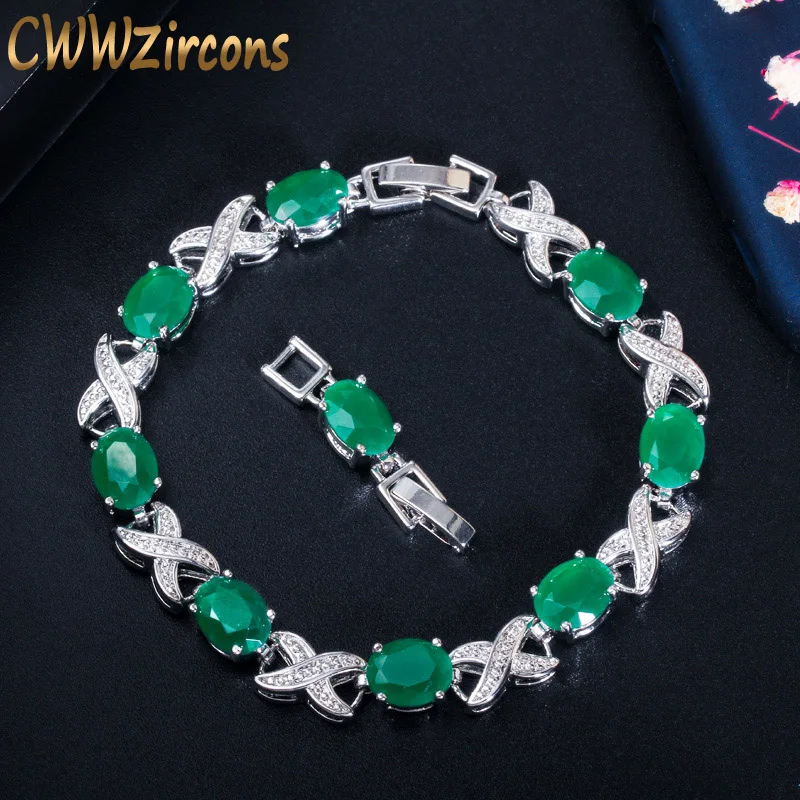 Фото CWWZircons 2022 новые модные ювелирные изделия Элегантный X Крест Овальный зеленый CZ Кристалл женские вечерние теннисные браслеты с удлинителем ... №3