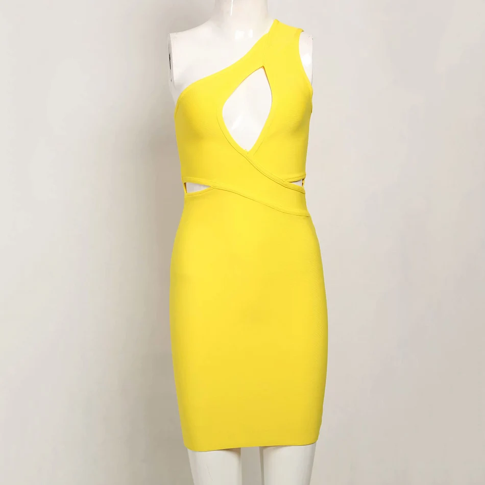 Amily.c Summer New High Quality Sexy Shoulder Mini Yellow Hollow Bandage Dress Club Designer Fashion Party Dress Wholesale