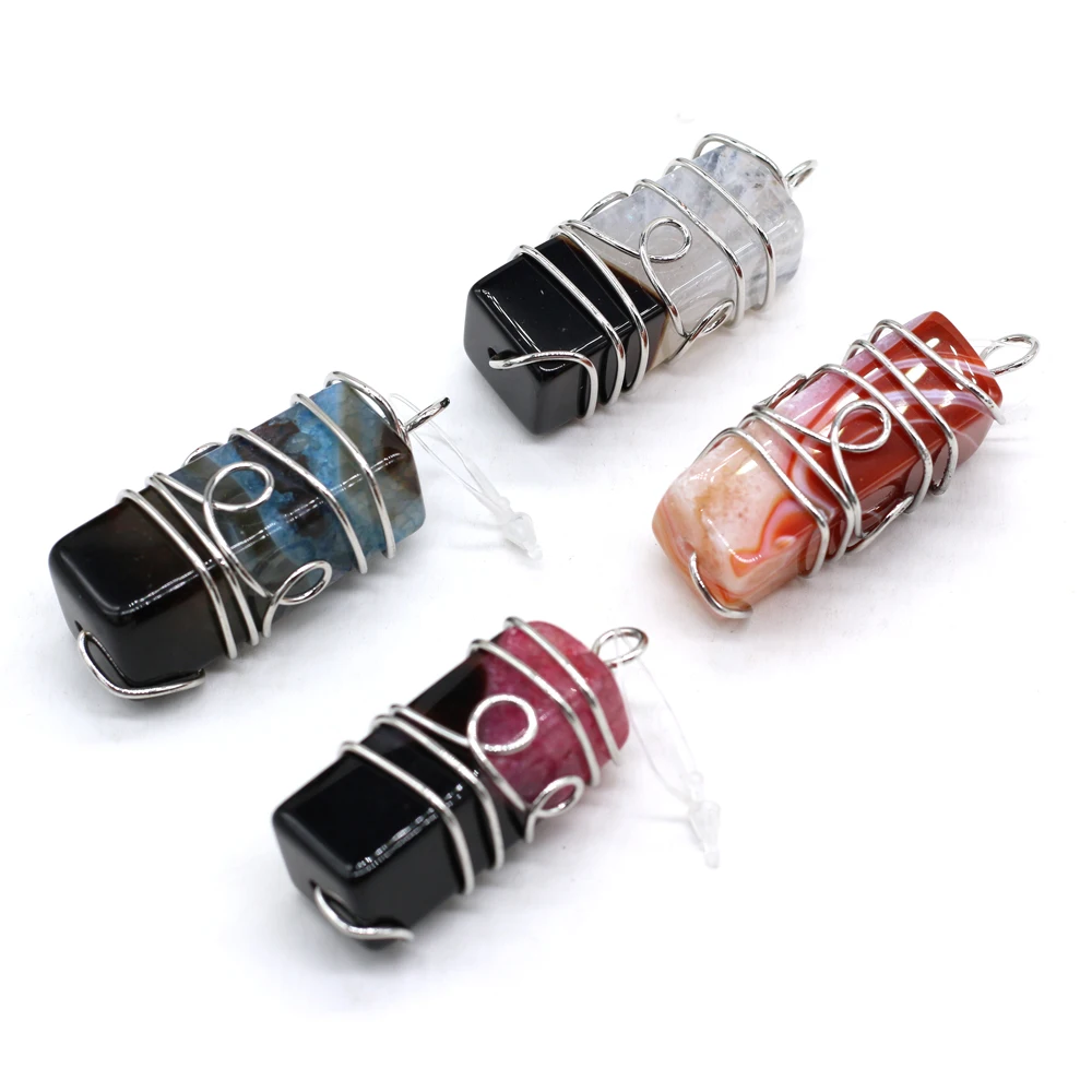 

2021 New Natural Semi-precious Stones Rectangular Silver Wire Agate Pendant Boutique Making DIY Fashion Charm Necklace Jewelry