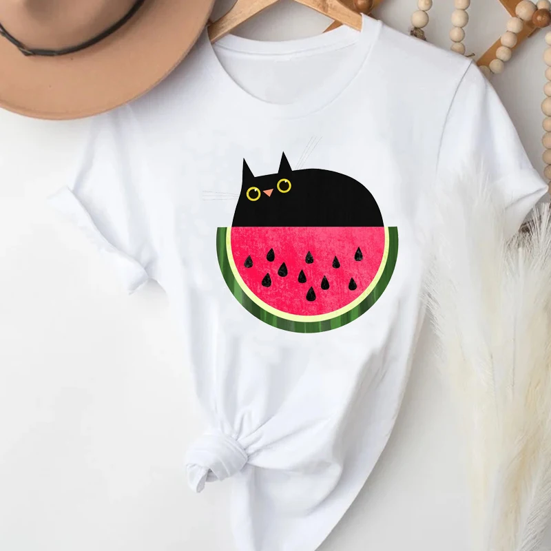 

T-shirts Women Cartoon Printing Fashion Cat Lovely Short Sleeve Clothes Graphic T Tshirt Top Lady Print Female Tee T-Shirt