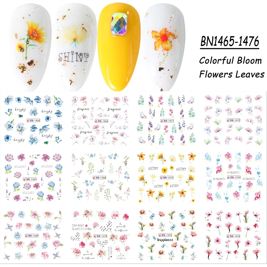 

12x Spring Summer Flowers Nail Water Decal Rose Leaf Hydrangea Blossom For Nails Art Decoration Watermark Stickser BEBN1465-1476