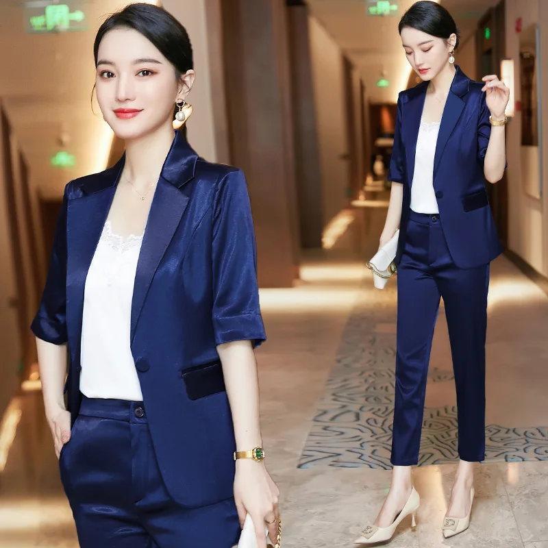 Ацетатный атласный синий пиджак женский тонкий новый весенне летний маленький