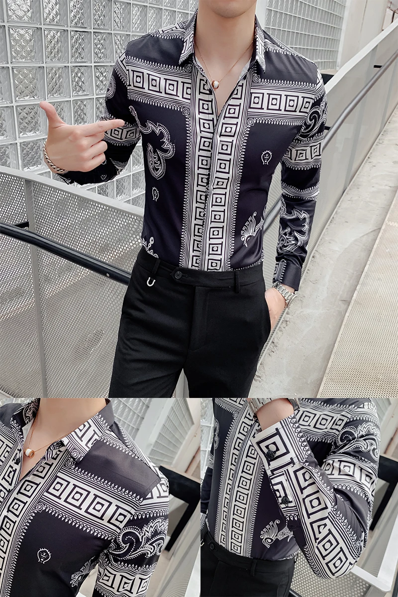 

Vintage Shirts Men's Social Shirt Black Long Sleeve Man Casual Shirts Luxury Flower Printed Slim Fit Blouse Fashion Clothes 2020