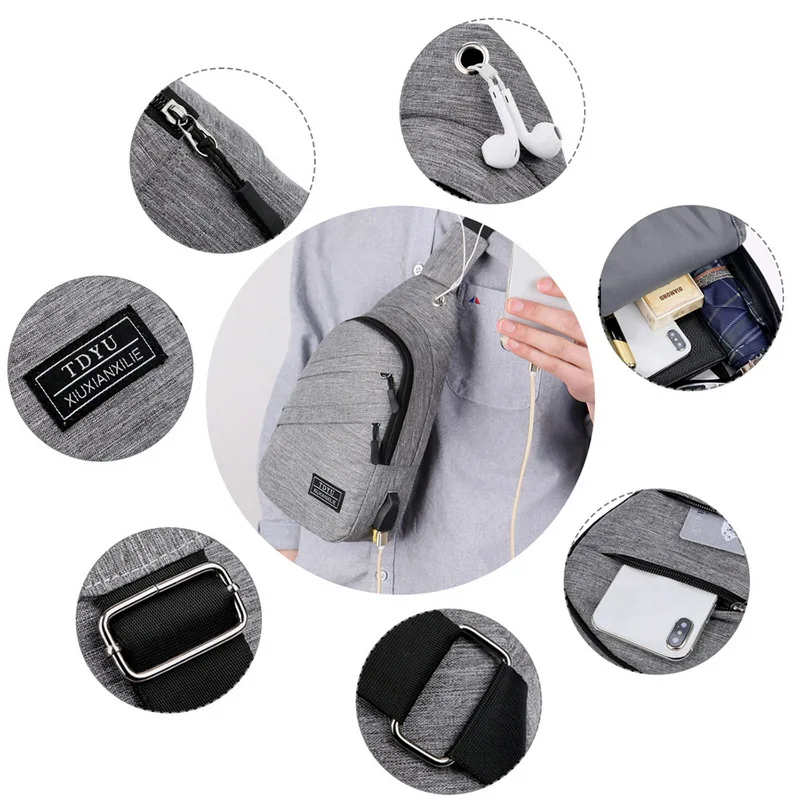 

USB Charging Oxford Crossbody Bag Men Anti-theft Chest Pack Summer Short Trip Messengers Bag Water Repellent Shoulder Bag
