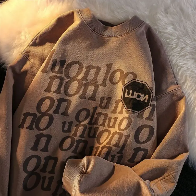 

American sweatshirt for men women hip hop retro khaki women autumn winter letter printing aesthetic loose Harajuku niche tops