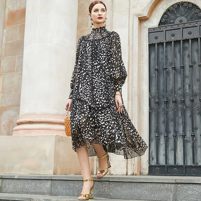 

2021 New Summer Middle Age Women Fashion Loose Dresses Lady Polka Dot Dress Elegant High Waist Plus Size 4xl Long Vestidos A72