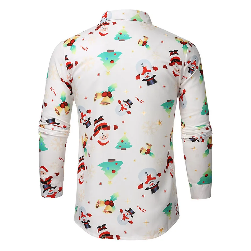 Camisa Masculina, мужская повседневная Рождественская рубашка с принтом снежинок Санты, конфет, топ, блузка, Chemise Homme Noel, мужская рубашка с длинным рукавом