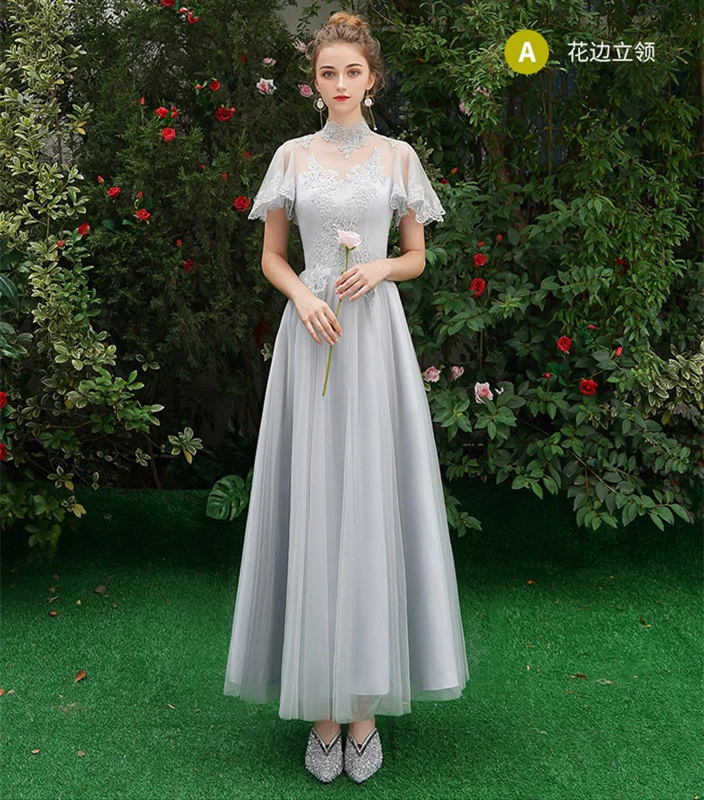 Light Blue Long A Красота Эмили круглым вырезом с кружевными аппликациями, Платья для подружек невесты короткий рукав розовый длинное платье для Свадебная вечеринка бусины со шнуровкой сзади Vestido - Цвет: Light Blue Long A