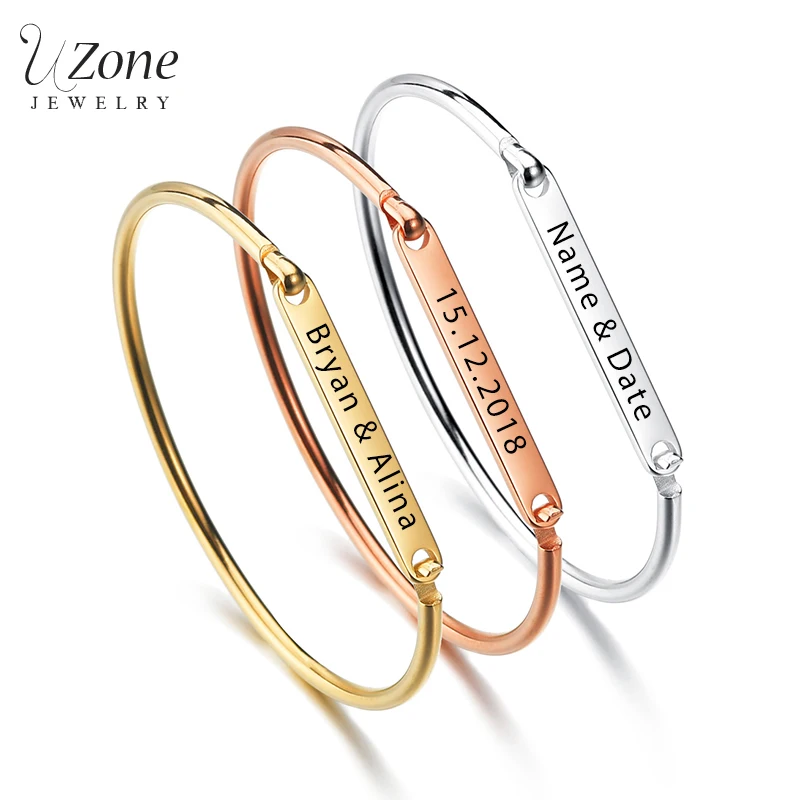 

UZone Custom Name Date Bracelet 3 Color Stainless Steel Personalized Engraved Cuff Bangles For Women Kids Birthday Jewelry Gift
