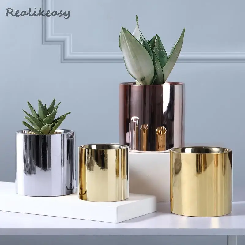 

The Nordic Electroplated Ceramic Flower Pot Rose Gold Silver Succulent Flower Pot Plant Home Garden Office Desktop Decor ZM221