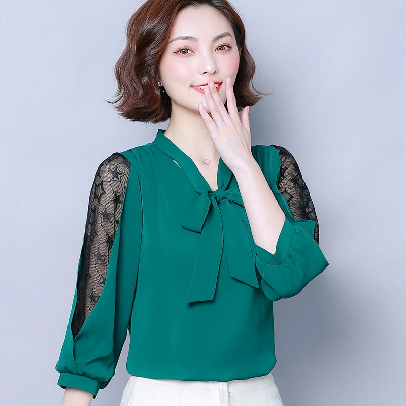 Бандажная шифоновая блузка с бантом Женский ажурный кружевной топ Женская