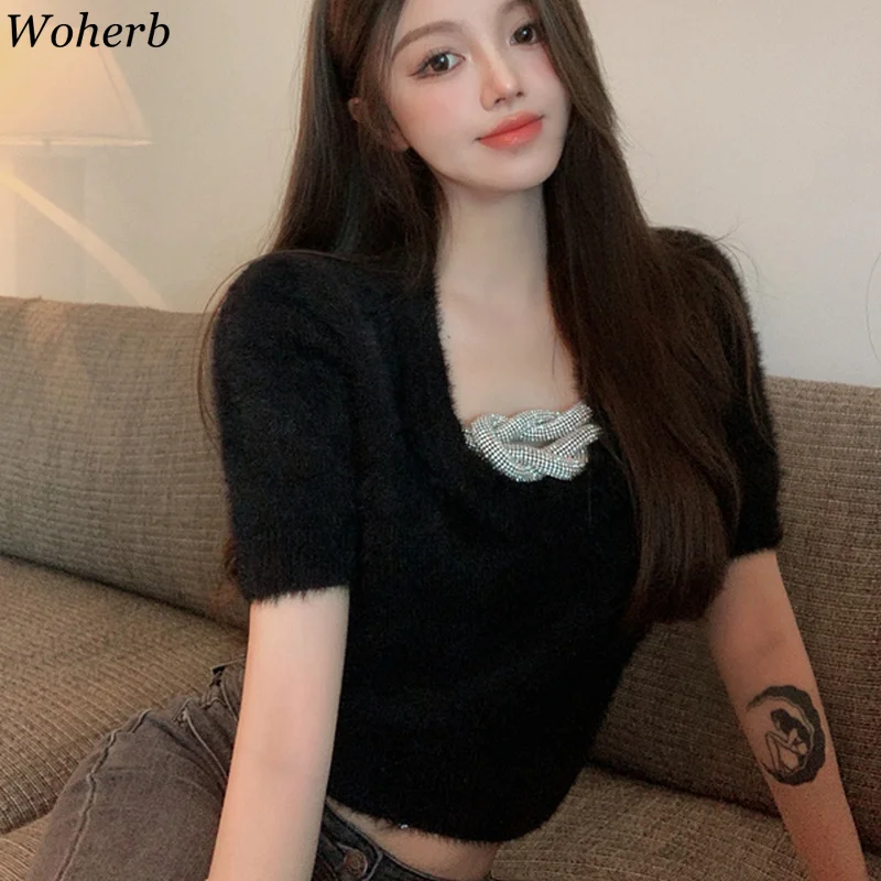 Женские свитера Woherb осенняя одежда сексуальные укороченные пуловеры с V-образным