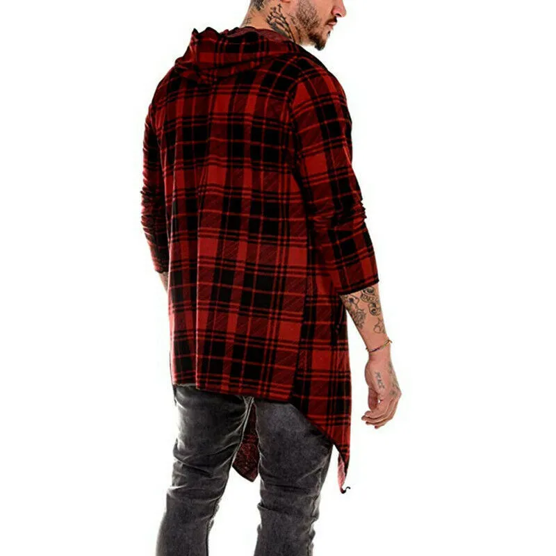 

Mens Hoodie Plaid Print Trench Casual Cardigan Coat Jacket Long Sleeve Male Outwear Autumn Winter Slim Fit Long Coat Streetwear