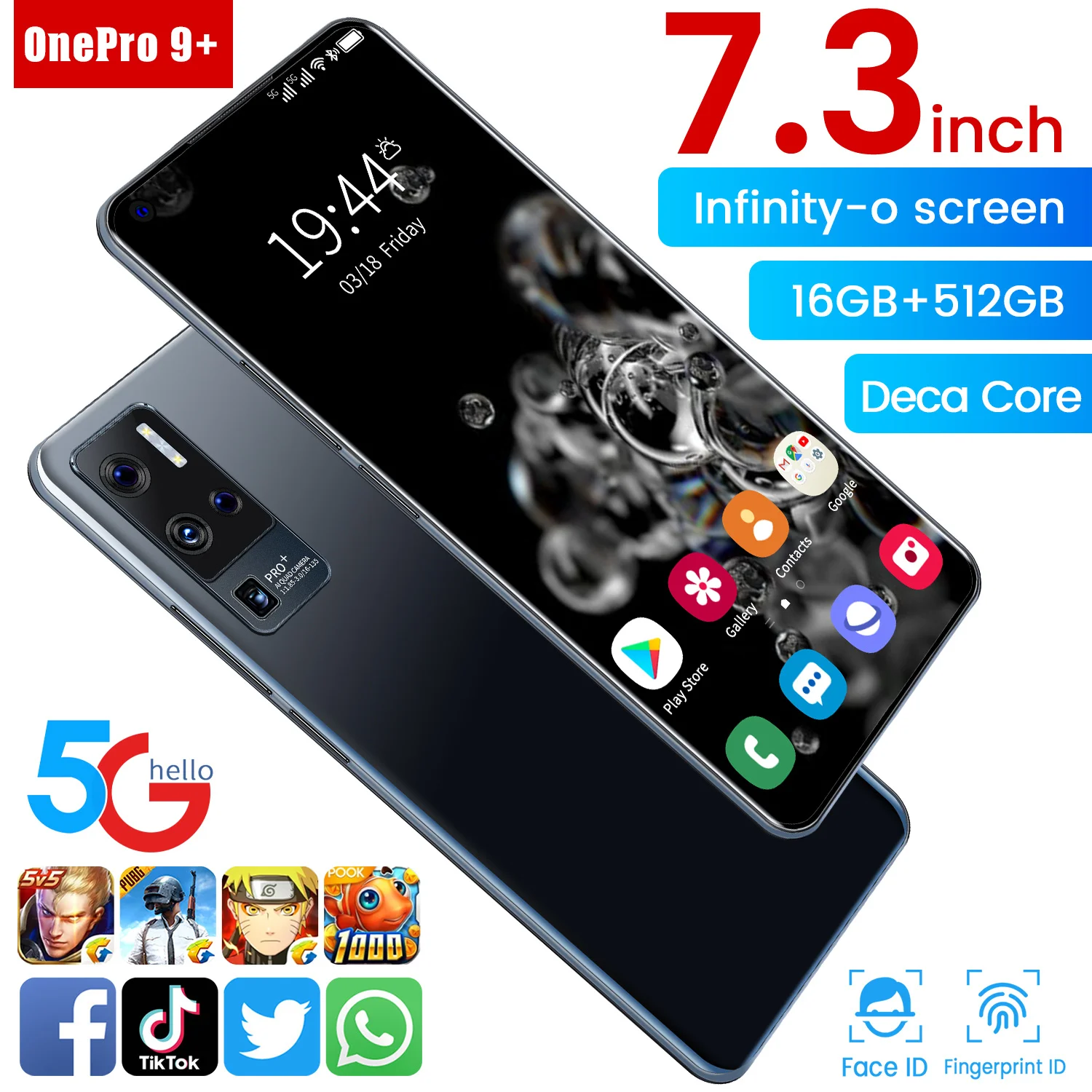 

Hot Sale OnePro 9 Global Smartphone 7.3 Inch Left Digging Screen 16GB 512GB 6800mAh 32MP 64MP Camera Face ID 5G Mobile Phone