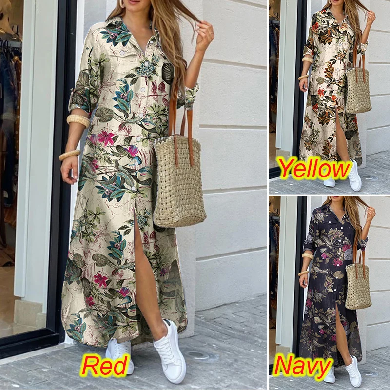 

Long Sleeve Dress Checked Plaid Robe Maxi Beach Dress Summer Elegant Women Button Long Shirt Dress Split Print Lapel Party Robe