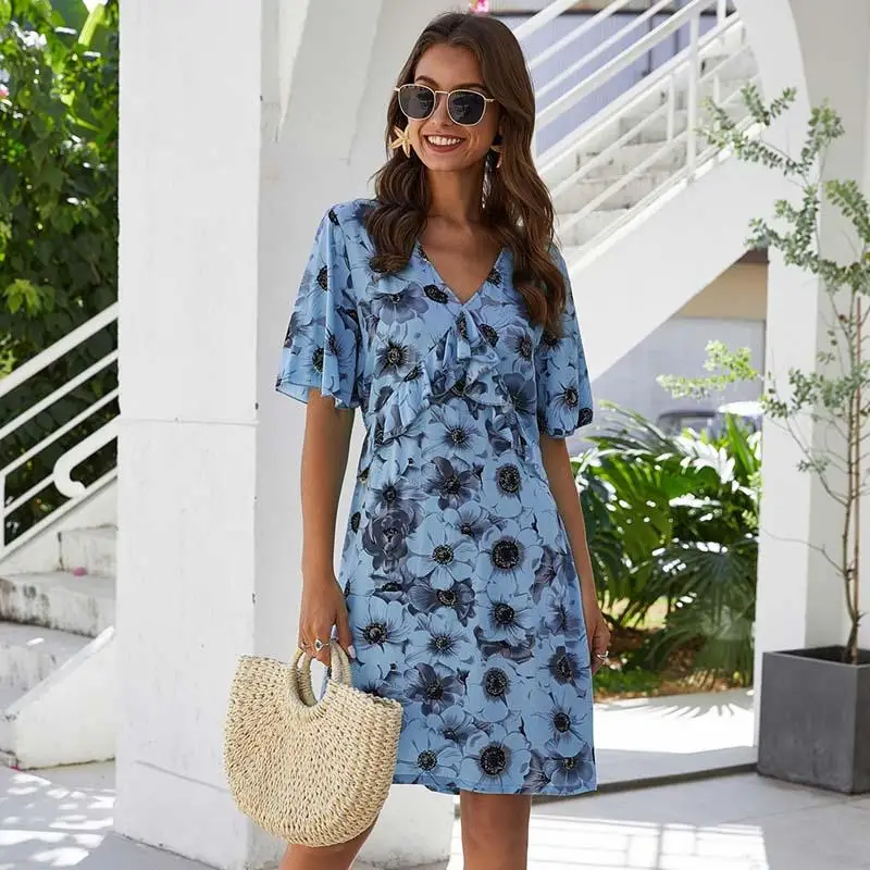 Женское пляжное платье средней длины с цветочным принтом Короткие вечерние