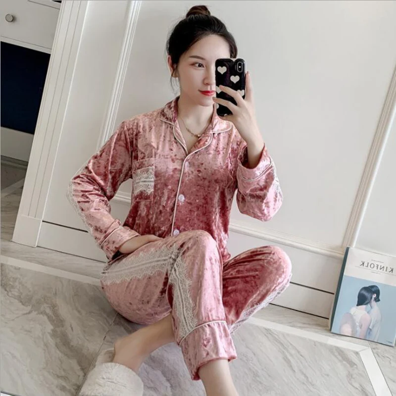 Зимний пижамный комплект женская теплая одежда для сна темно-золотые бархатные