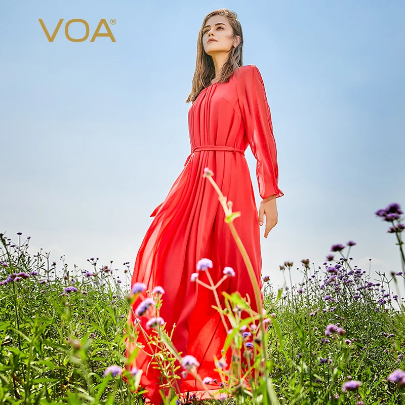 

VOA Silk Georgette Red Round Neck Double-layer Elegant Pair of Silk Craft Waistband Pleated Long-Sleeved Woman Dress AE1092