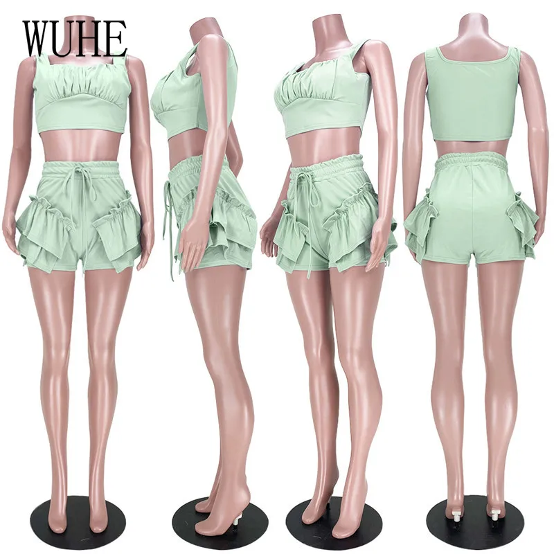 

YEYA Casual Sports Two Piece Square Collar Sleeveless Edible Tree Fungus Tanks Top and Lace Up Shorts Pants Party Streetwear