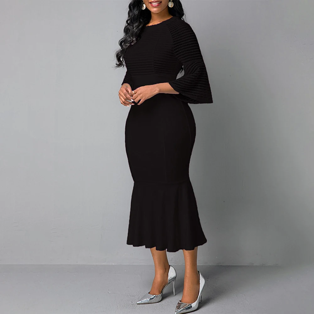 

Summer 2021 Commute Fashion African Casual Oversize Solid Color Round Neck Flared Sleeves Mermaid Women's Dress