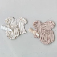 summer baby girls cotton linen clothing set casual infant girls puff sleeve blouse shorts suit toddler girls clothing outfits