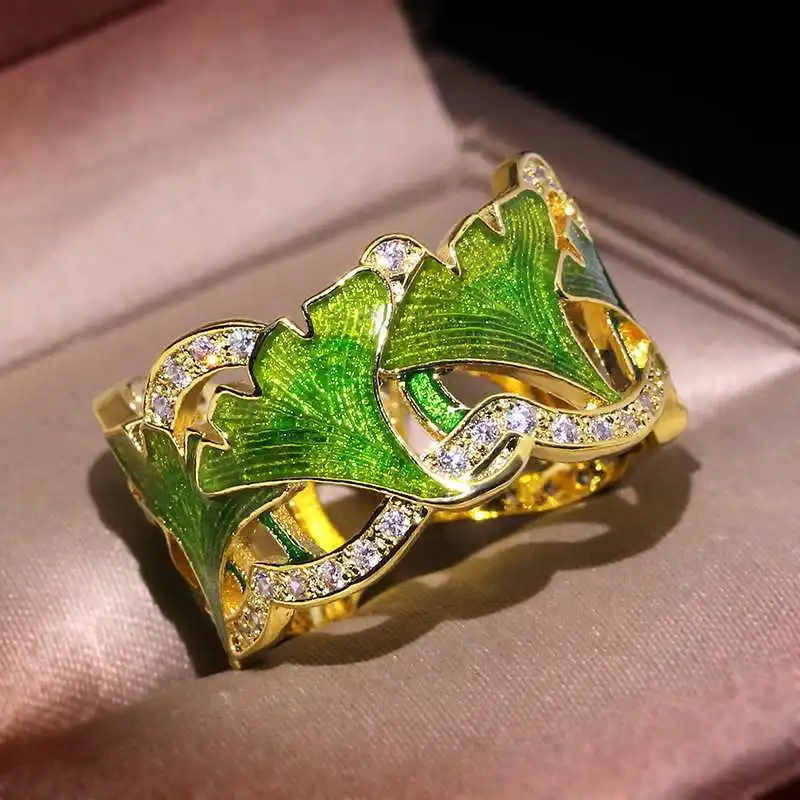 NPKDS двухцветные эмалевые кольца в форме листьев гинкго для женщин металлические