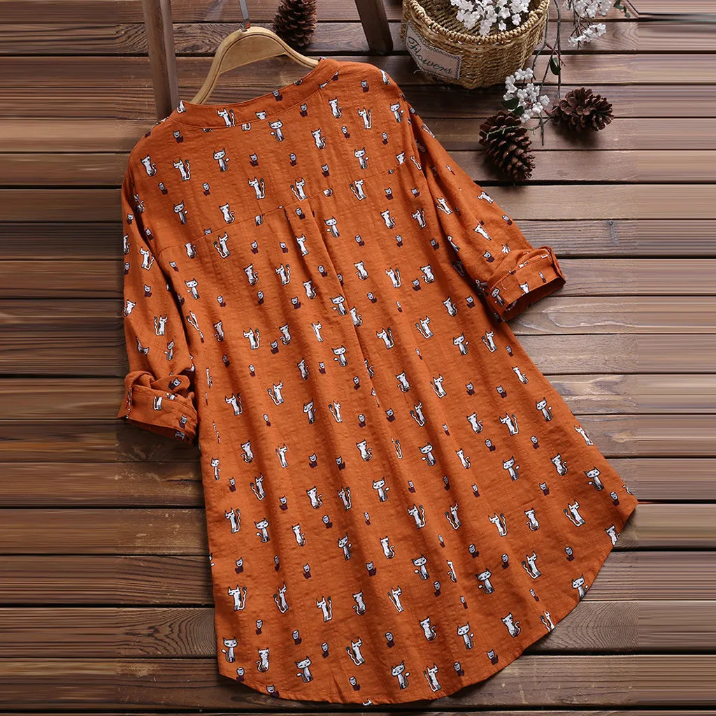 Женские топы блузки осень 2019 милые с длинным рукавом рисунком кота v образный