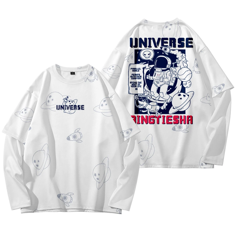 

Harajuku Fake Two Pieces T shirt Streetwear Astronaut Print Men Long Sleeve Women Tops Casual Blue Loose Tshirt oversized