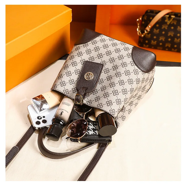

Genuine Leather Handbags 2021 New Fashion All-match Large-capacity Printing Bucket Bag Ladies Retro Messenger Shoulder Handbag