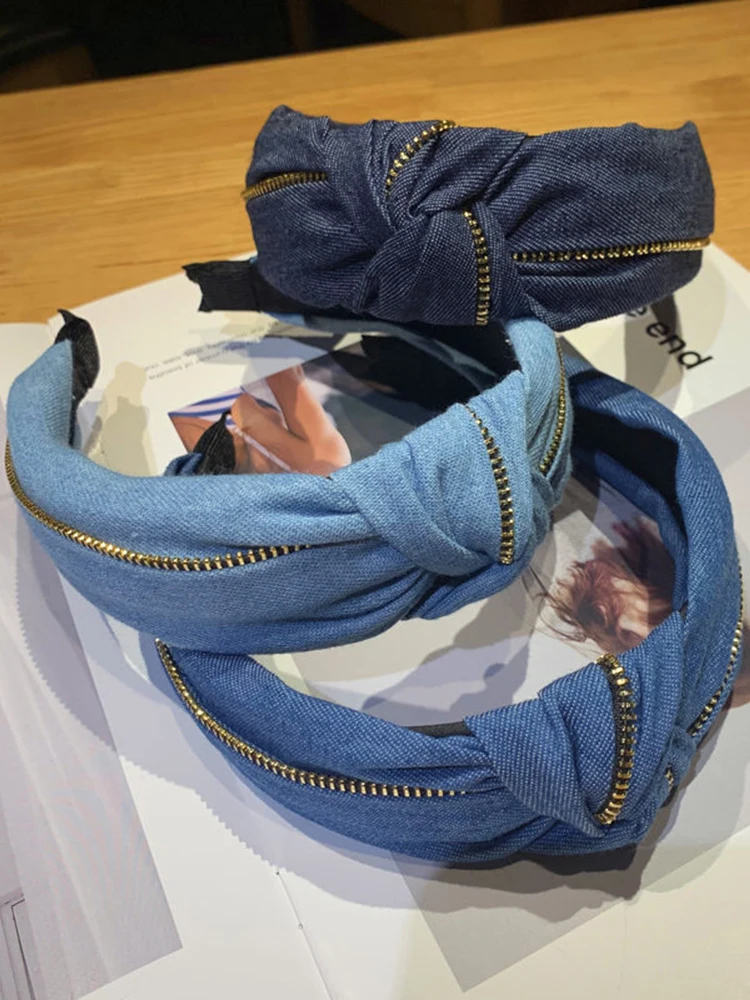 Модный синий ободок для волос женские аксессуары джинсовый тюрбан на