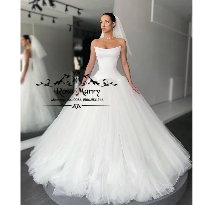 

Princess White Fluffy Wedding Dresses Ball Gown Strapless Exotic Vestido De Novia Plus Size Church Bridal Gowns