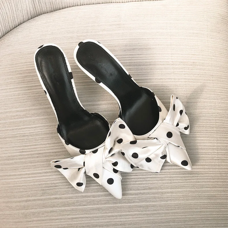 Шлепанцы женские с бантом роскошные сланцы высокий каблук пикантная кожаная