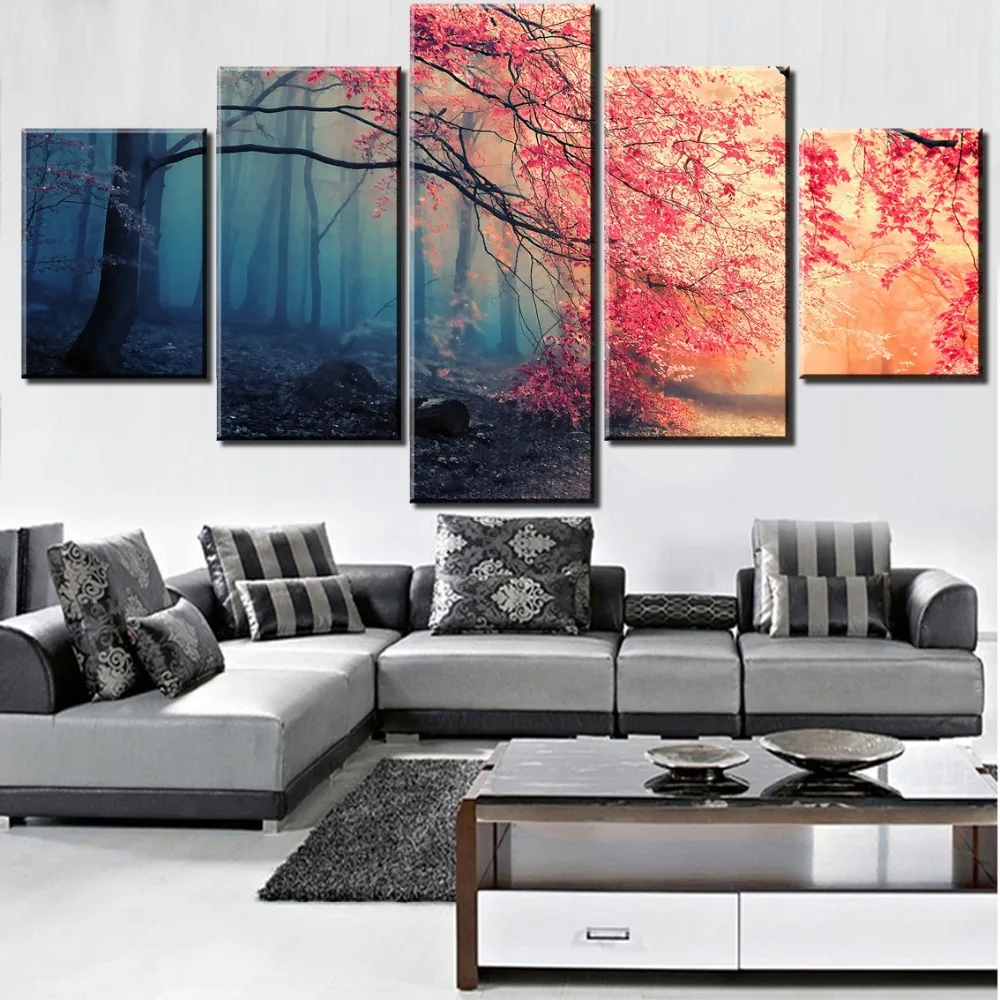 

5 Pieces Wall Art Canvas Painting Cherry Blossoms Red Tree Poster Modern Art Home Decor Pictures For Living Room Frame