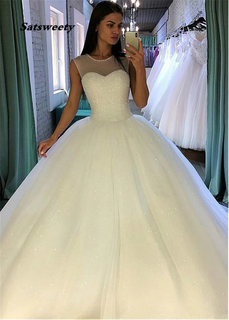 

Shining Sequin Tulle Jewel Neckline Ball Gown Wedding Dress with Beadings Sleevelss Bridal Gowns Vestido De Festa Longo