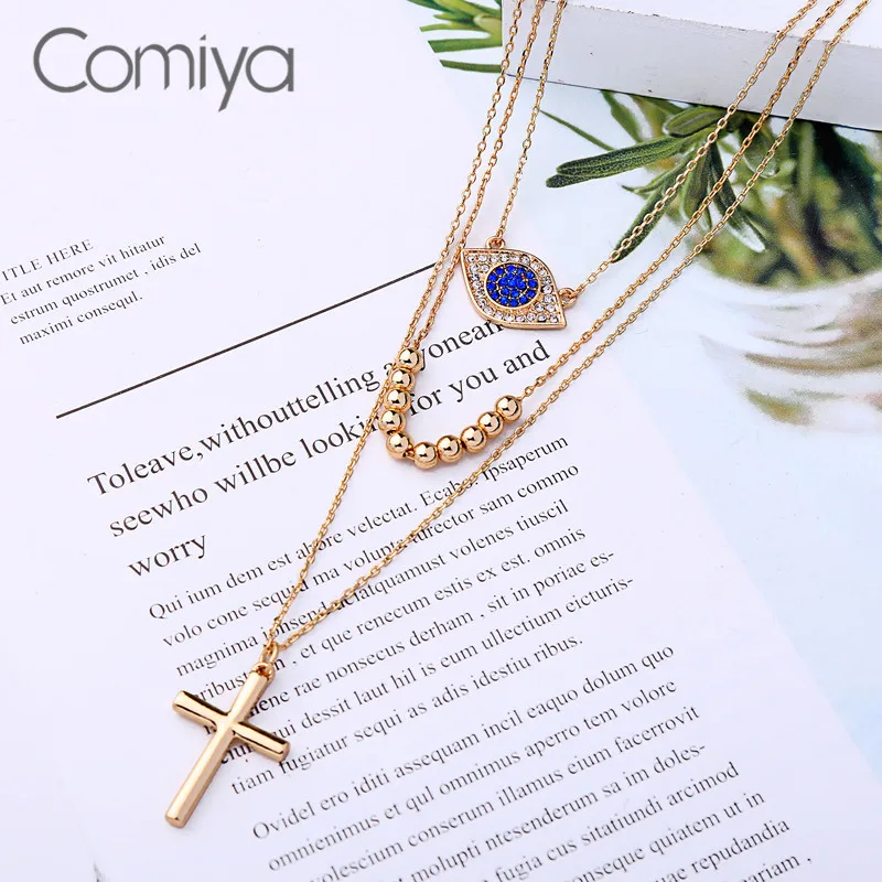 Comiya Necklace For Women Collare Gold Color Zinc Alloy Multi Layers Eye Beads Pendant Fashion Crystal Mosaic Korean Necklaces | Украшения
