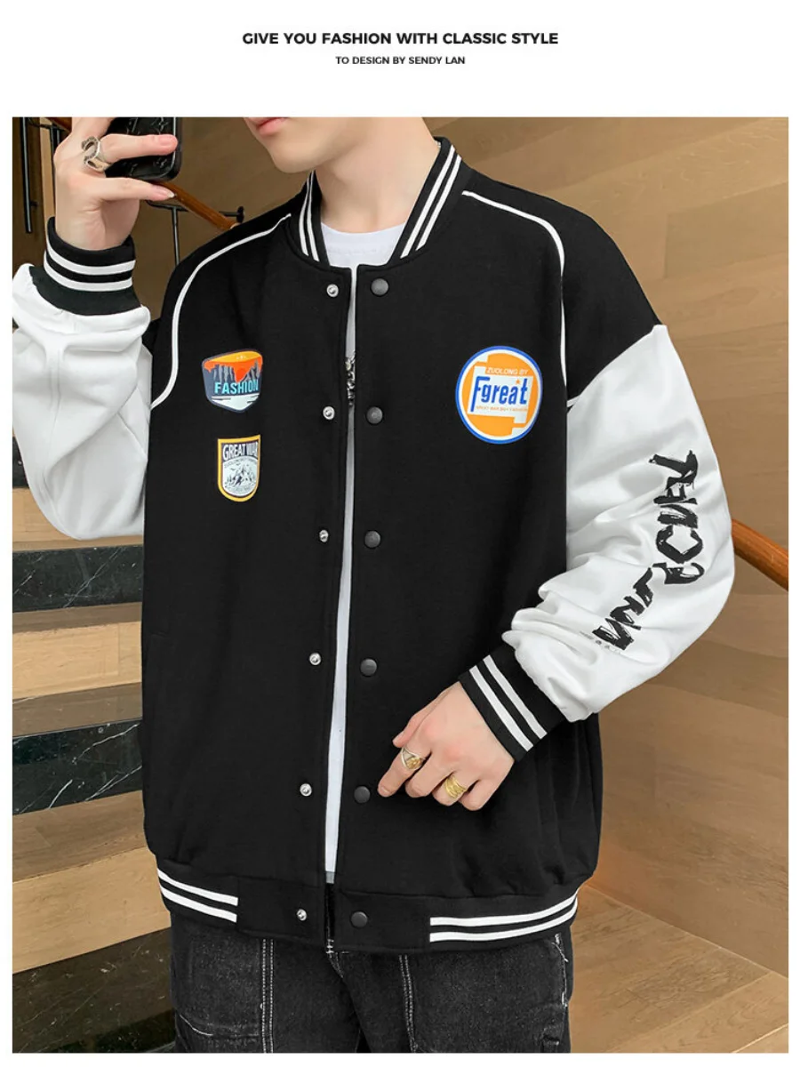 

Мужская одежда больших размеров, Хлопковая мужская толстовка с принтом на весну и осень, Повседневная бейсбольная куртка в молодежном стил...