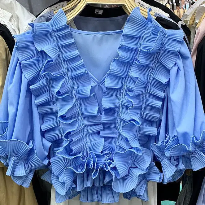 

Women's Vintage Pleated Ruffles Chiffon Shirt Summer Camicia Black White Crop Top Sexy V-Neck Short Sleeve Elegant Short Blouses