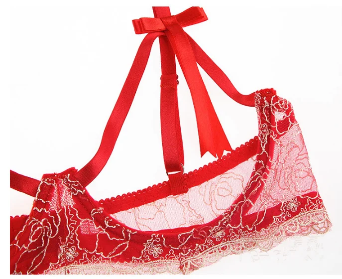 Красный кружевной бюстгальтер с вышивкой комплект нижнего белья сексуальное