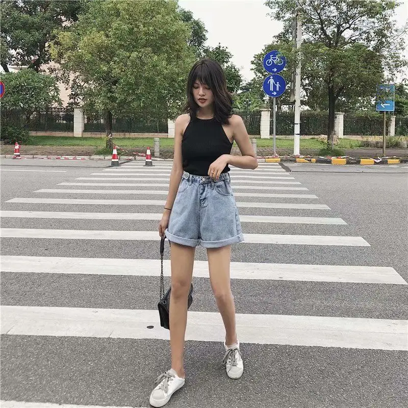 

Summer Vintage Women High Waist Button Blue Denim Shorts Casual Female Solid Color Wide Leg Loose Gray Jeans Shorts