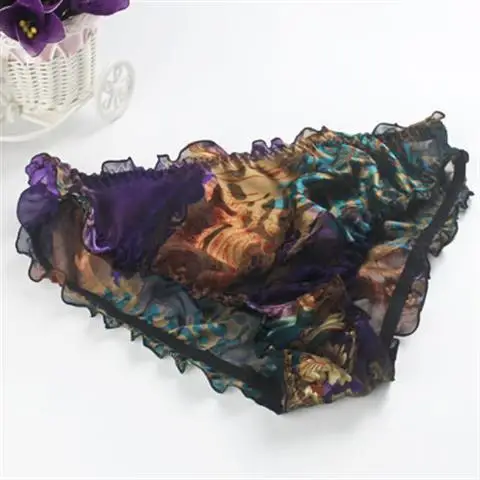 

Silk burnt-out gauze lotus leaf edge 100% silk women's satin panties mulberry silk women underwear transparent print plus size
