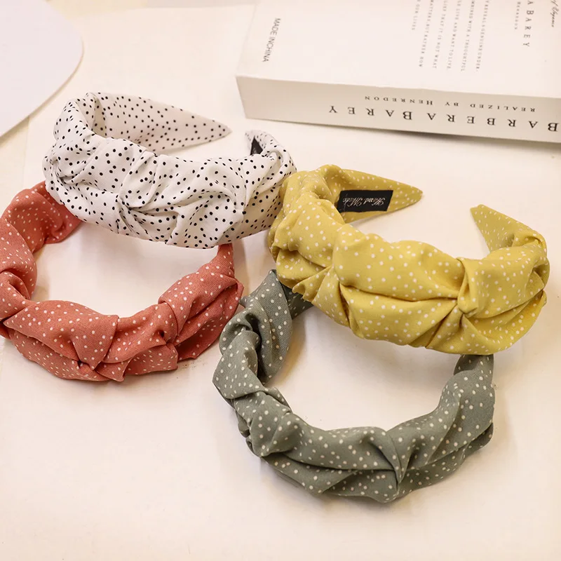 

Модные аксессуары для волос, повязка на голову со складками, Женская яркая однотонная повязка на голову в горошек с широкими полями, повязка...
