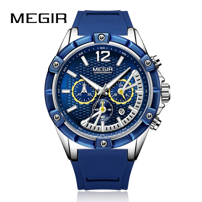 Blue Silver MEGIR Новые спортивные мужские часы с хронографом, Силиконовые кварцевые часы для мужчин, студенческие армейские военные наручные часы, мужские часы - Цвет: Blue Silver